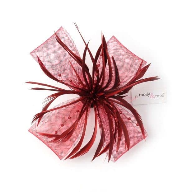 Arranview Jewellery Burgundy fascinator with sinamay net loops and feather tendrils (beak clip and brooch-pin)