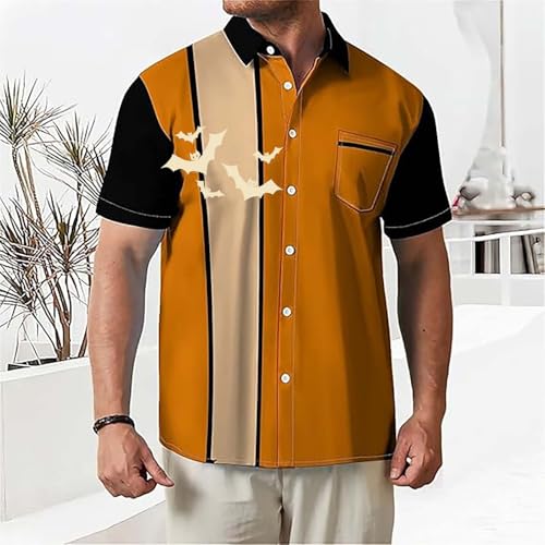 EMUKFD Halloween Mens Orange Shirts Bat Graphic T Shirts Short Sleeve Button Down Regular Fit T-Shirts Holiday Casual Tops Funny Blouses Bowling Tee Shirt Prime Deals