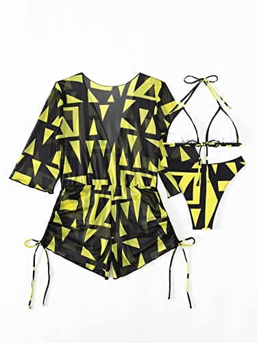 OYOANGLE Women's 3 Piece Graphic Halter Triangle Bikini Swimsuit with Drawstring Cover Up Black Yellow Multi L