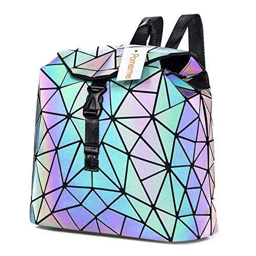 Parnerme Fashion Backpack Womens PU Leather Backpack Geometric Holographic Reflective Backpack