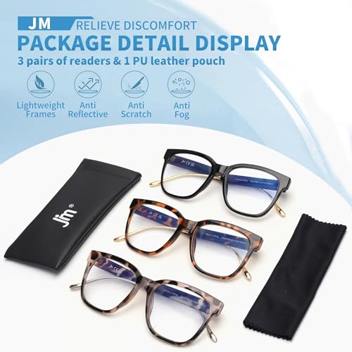 JM 3 Pack Classic Square Reading Glasses for Women Men, Retro Trendy Oversized Blue Light Blocking Readers +1.75