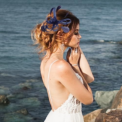 Holibanna Women Fascinators Wedding Flower Hair Clips Pillbox Hat Feather Flapper Bridal Headdress Headpieces Hair Accessories (Navy Blue)