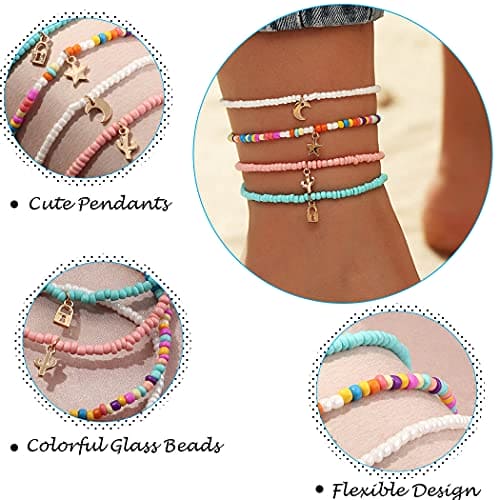 Boho Handmade Beads Multilayered Ankle Bracelets Colorful Women Anklets Moon and Star Pendant Anklet Beaded Bracelet Elastic Foot Jewelry for Summer Beach (4PCS) (Set-1)