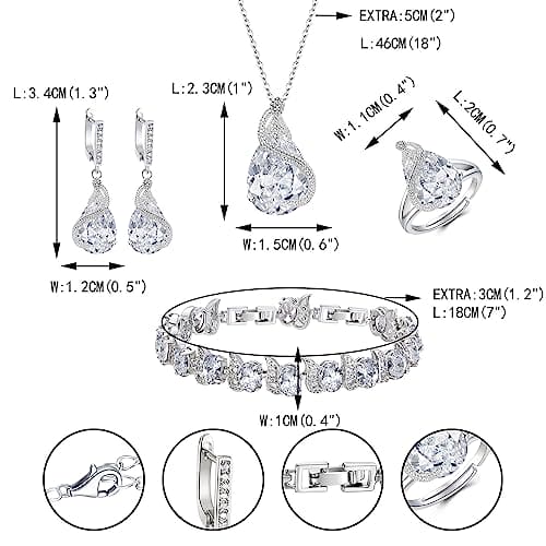 Ever Faith Women's Jewellery Sets Bridal Jewellery Set Sparkly Cubic Zirconia Teardrop Necklace Earring Bracelet Ring Jewelry Sets for Women Birthday Gifts 4 PCS Clear Silver-Tone