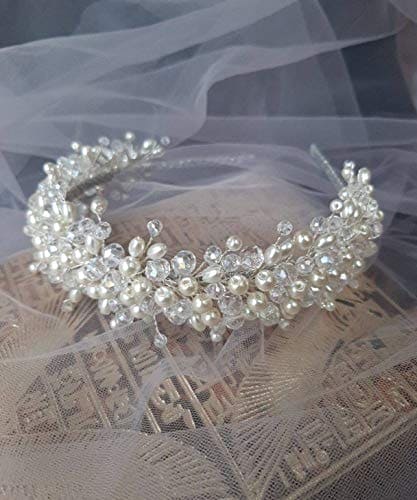 Chargances Pearl and Crystal Tiara for Brides Bridesmaid Wedding Women Hair Crown Handmade Headband Princess Hair Jewelry