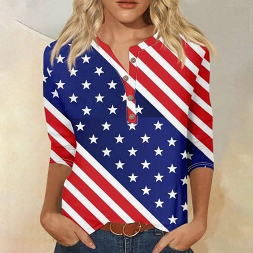 Independence Day Graphic Print Shirts for Women Casual Plus Size Tops Blouses Summer Trendy 3/4 Sleeve Button Down T Shirts Blues M Womens Raglan Shirts 3/4 Sleeve 3/4 Sleeve Button Down Shirts