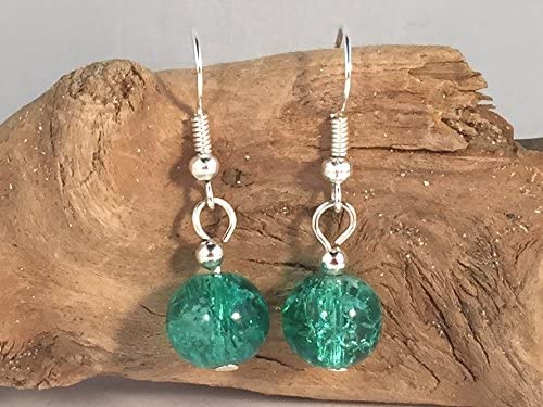 Sea Green Crackle Glass Bead Earrings - 10mm Round Beads on Nickelfree Hooks