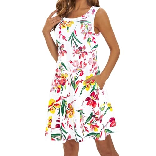 LAKOYA Spring Sale 2024 Summer Women Dresses Floral Print O Neck Tank Dresses Reto T Shirt Dresses Holiday Sleeveless Dresses Items Under 1 Pound White