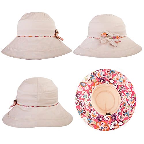 Comhats Ladies Bucket Summer Sun Hat Foldable Beach Cap Wide Brim UPF50+ Packable for Women Beige