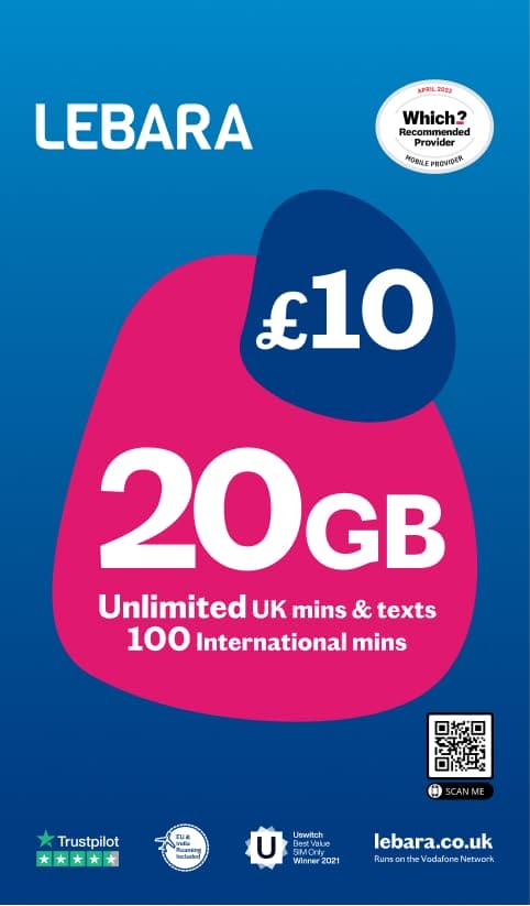 Lebara SIM: 20GB for £10, Half Price First 3 Months, No Contract. Activate, Pay Later. Multi-size, Fits All Devices