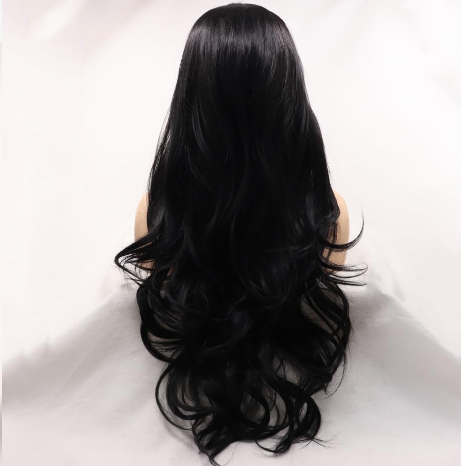 Xiweiya 1b# Black Lace Front Wig Black Natural Wavy Synthetic Lace Front Wig Heat Resistant Fiber Hair Natural Hairline Glueless Soft Wig High Density Half Hand Tied Wig for Women 24inch