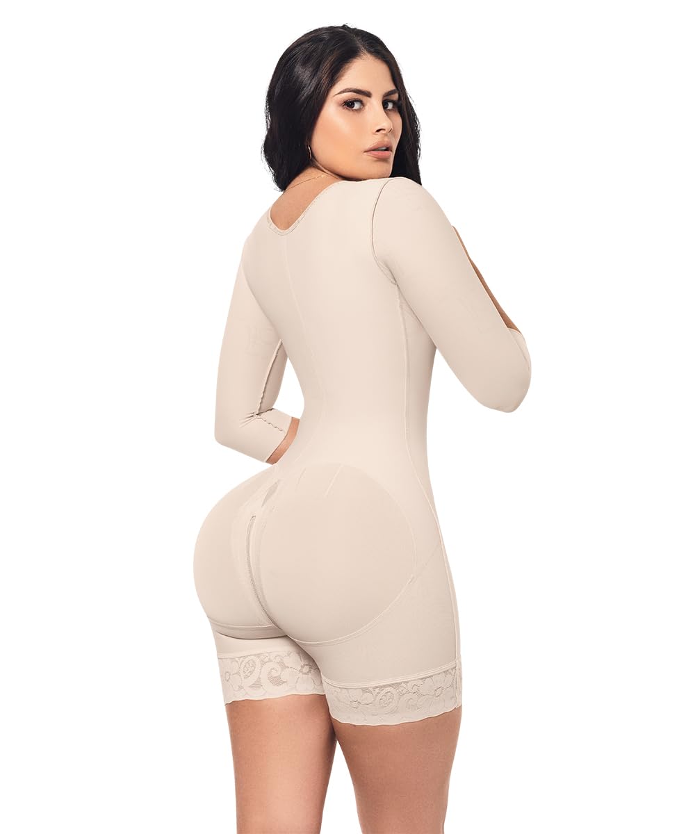 Forma Tu Cuerpo, Faja Colombiana, Short Bodysuit with Central Hooks and Sleeves-XS Beige