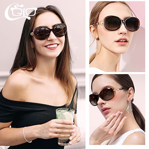 CGID Womens Ladies Sunglasses Polarised Retro Designer Sun Glasses Big Frame Oversized Shades UV Protection Goggles Rhinestones Black Grey&Gradient Brown