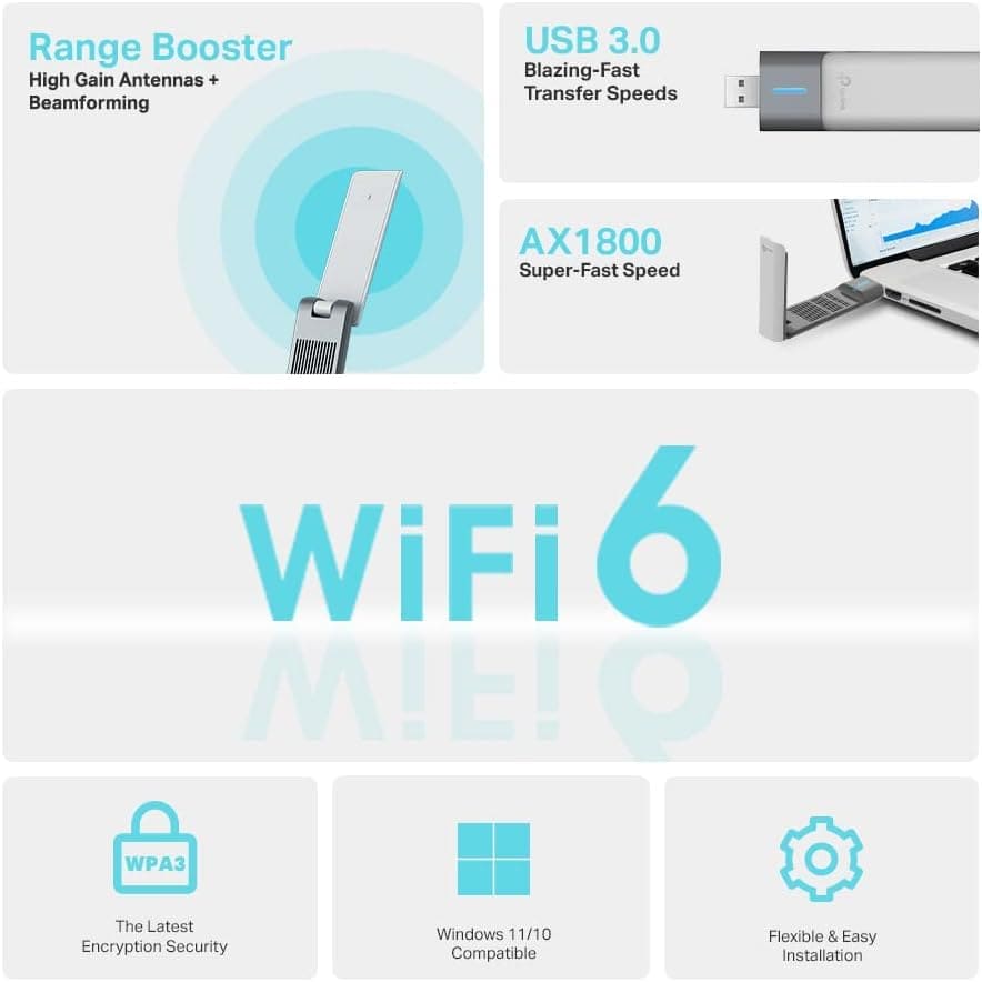 TP-Link Wi-Fi 6 AX1800 High Gain Dual-Band Wireless USB Adapter, Wi-Fi dongle,1.2-meter USB 3.0 cable, Low-Latency Gaming, Supports Windows 10/11, WPA3, Easy Installation (Archer TX20UH)