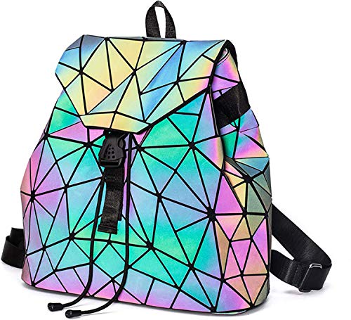 Parnerme Fashion Backpack Womens PU Leather Backpack Geometric Holographic Reflective Backpack