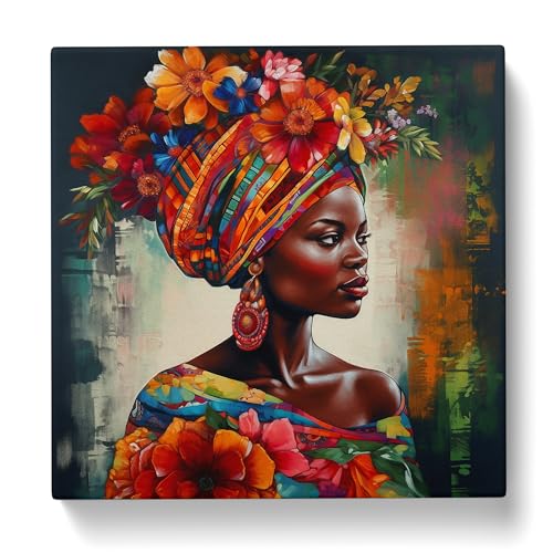 African Woman Floral Art No.6 Canvas Wall Art Print Ready to Hang, Framed Picture for Living Room Bedroom Home Office Décor, 50x50 cm (20x20 Inch)