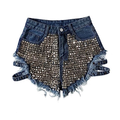 Womens Ripped Denim Shorts High Waist Stretch Frayed Raw Hem Jeans Shorts Trendy Casual Rhinestone Tassel Fringe Boyfriends Hotpants Half Pants Summer Sexy Short Jeans with Pockets