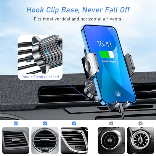 Blukar Car Phone Holder, Air Vent Car Phone Mount Cradle 360° Rotation - Upgraded Super Stable Hook Clip - One Button Release Car Phone Holder for iPhone, Galaxy, All 4.0''-6.7'' Phones