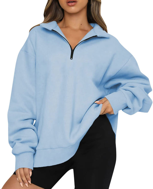 FANGJIN Sweatshirt for Women UK Long Sleeve Solid Color 1/4 Zip Lapel Collar Tops for Women UK Winter Fashion Casual Drop Shoulder Jumpers Womens Clothes Blue Size XL