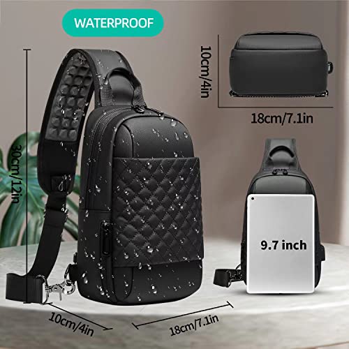 Shoulder Bag for Men,Small Black Plaid Cross Body Chest Bags,with USB Port Sling Messenger Bag,Water Repellent Hiking Biking Daypacks