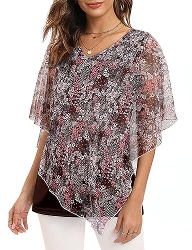 Syphiby Ladies Shirts And Blouses, Womens Summer Tops Casual Flowy Floral Blouse Elegant Batwing Sleeve Tops V Neck Loose Blouse Shirts Ladies Blouse Shirts 3/4 Ruffle Sleeve Blouse Baggy Tops