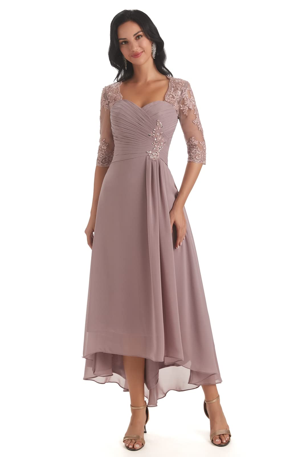 Taupe Mother of The Bride Dresses for Wedding 2023 High Low Tea Length Formal Dress with Sleeves Size 0