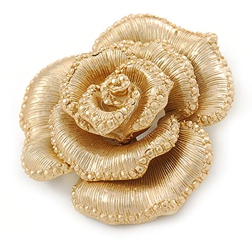 Avalaya Dimensional Rose Brooch in Brushed Gold Finish - 55mm Across