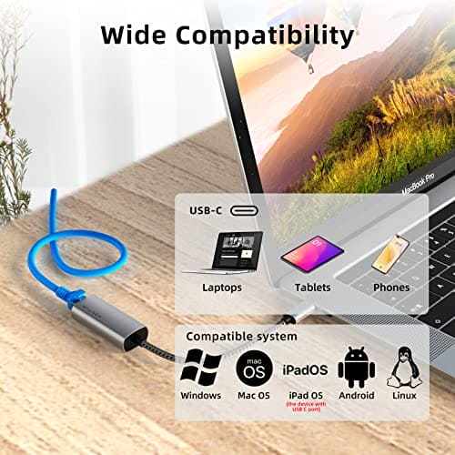 USB C to Ethernet Adapter, WALNEW Gigabit Cat Cable Converter to Type-C, USBC Thunderbolt 3 Lan Network Adaptor for Mac,MacBook,iPad Pro/Air,Dell XPS,Surface,Chromebook Laptop,Galaxy S23 S22 Tab S8 S7