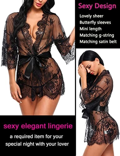 Avidlove black lace robe women Women's Lace Kimono Robe Babydoll Lingerie Mesh Nightgown Black S