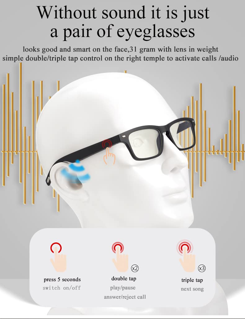 Smart Glasses, Bluetooth Sunglasses with Touch Voice Control Stereo Waterproof Wireless Bluetooth Sunglasses for Driving and Running (Polarized Light)