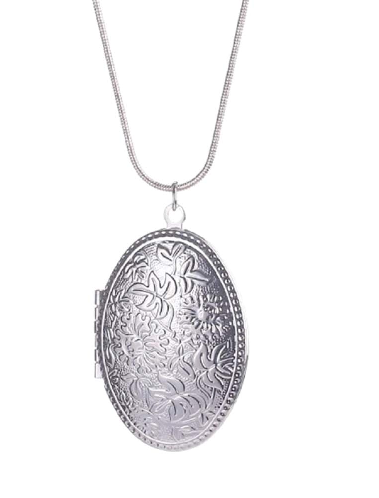 Silver Oval Locket Pictures Photo Flower Floral Engraved Pendant Snake Chain Gift Dress Necklace for Women Girls Ladies