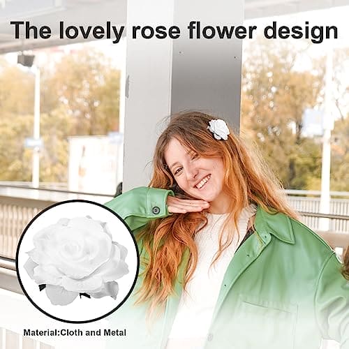 White Flower Hair Clip Rose Hair Clip Hair Clip Comb Rose Flower Brooch 2 in 1 Flamenco Dancer Pin Up Flower Brooch for Wedding Party(White)