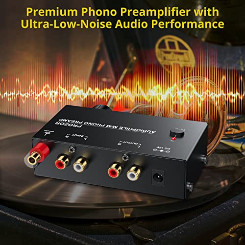 PROZOR Phono Preamplifier for Turntable with Level Control Audio Stereo M/M Phono Preamp RCA Input & Output 3.5mm Output Turntable Preamp with 12V 1A Power Adapter for Record Player