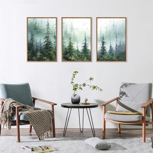 CHDITB Abstract Forest Wall Art,Green Tree Canvas Wall Art Set,Foggy Green Forest Pine Tree Wall Painting,Modern Woodland Landscape Poster,Abstract Modern Painting for Living Room Bedroom Office Decor