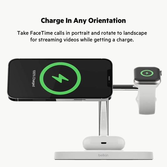 Belkin BoostCharge PRO 3-in-1 Wireless Charger with MagSafe for iPhone 15, iPhone 14, 13 and 12 + Apple Watch + AirPods (Magnetically Charges Models up to 15W)