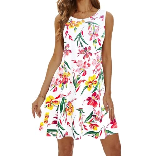 LAKOYA Spring Sale 2024 Summer Women Dresses Floral Print O Neck Tank Dresses Reto T Shirt Dresses Holiday Sleeveless Dresses Items Under 1 Pound White