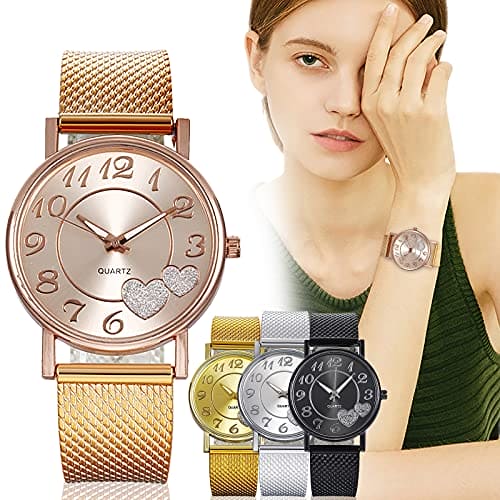 Face Watch Movement Diamond Women's Gold Rose Mesh Heart Belt Watches Valentines Wristwatch Day Gifts Big Ladies Quartz Girls Women's Watch Men's Watches Face (Rose Gold, One Size)