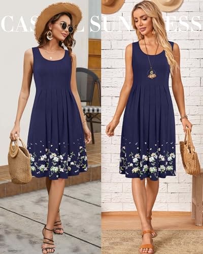 KILIG Summer Dresses for Women UK Beach Casual Sundress Ladies Sleeveless Tank Dress Midi Floral Cover Ups (A1-Navy, M)