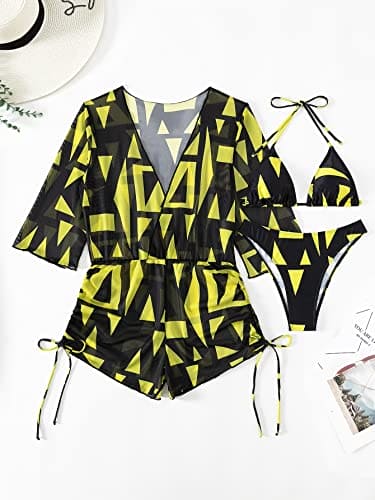 OYOANGLE Women's 3 Piece Graphic Halter Triangle Bikini Swimsuit with Drawstring Cover Up Black Yellow Multi L