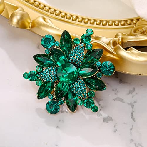 Clearine St Patrick Day Brooch Women's Art Deco Marquise Rhiestone Flower Brooch Pin for Party Prom Emerald Colour Antique-Gold-Tone