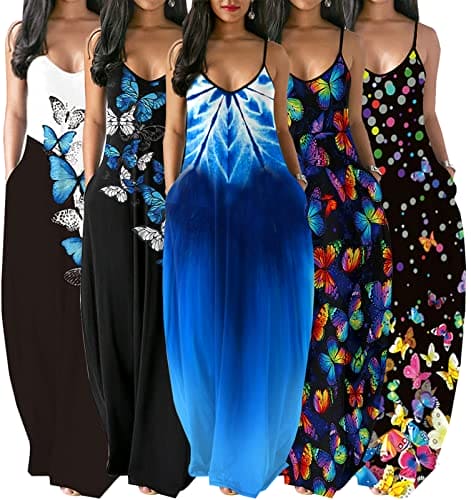 Summer Casual Plus Size Maxi Dresses for Wome Adjustable African Sundress Loose Butterfly Printed Dress with Pockets