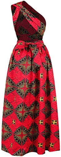 OLIPHEE Women's African Boho Dress Vintage Floor Length High Waist Multiway Bandage Dress Ethnic Costume S, Red Geometric