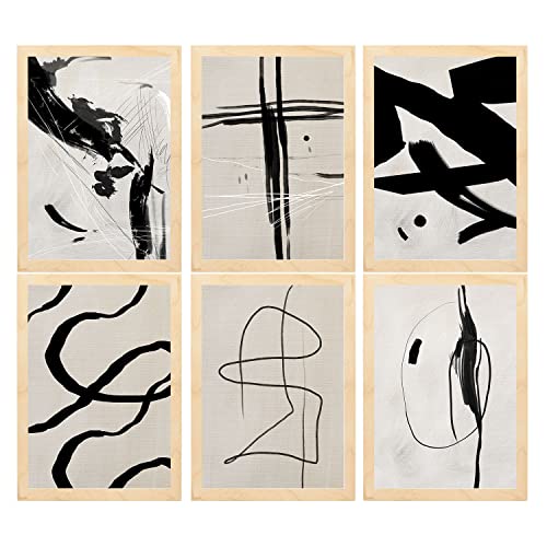 Nacnic Set of 6 Franz Kline Artistic Illustrations. Collection of Decorative Paintings by the Famous Artist. Abstract Surrealism. Prints for Interior Design and Decoration. A3 Wooden Frames.