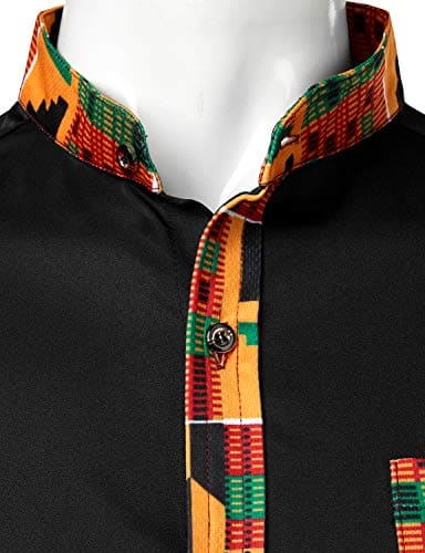 PARKLEES Men's African Dashiki Tribal Graphic Patchwork Long Sleeve Printed Grandad Collar Shirt PZZCL46 Black XL