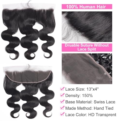 Sexycat HD Lace Frontal Body Wave 13x4 Lace Frontal Human Hair 12 Inch 150% Density Natural Hairline Ear to Ear Lace Frontal Pre Plucked with Baby Hair Natural Color