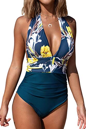 CUPSHE Women's One Piece Swimsuit Halter Tummy Control Beach Swimwear Bathing Suit Swimming Costume Yellow Floral L