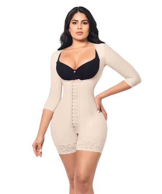 Forma Tu Cuerpo, Faja Colombiana, Short Bodysuit with Central Hooks and Sleeves-XS Beige