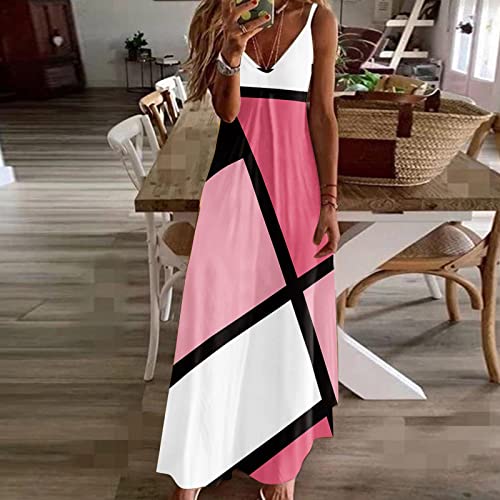 AMhomely Women Casual Boho Maxi Summer Dress Long Floral Swing Beach Dresses with Spaghetti Straps, 06 Hot Pink, XXL