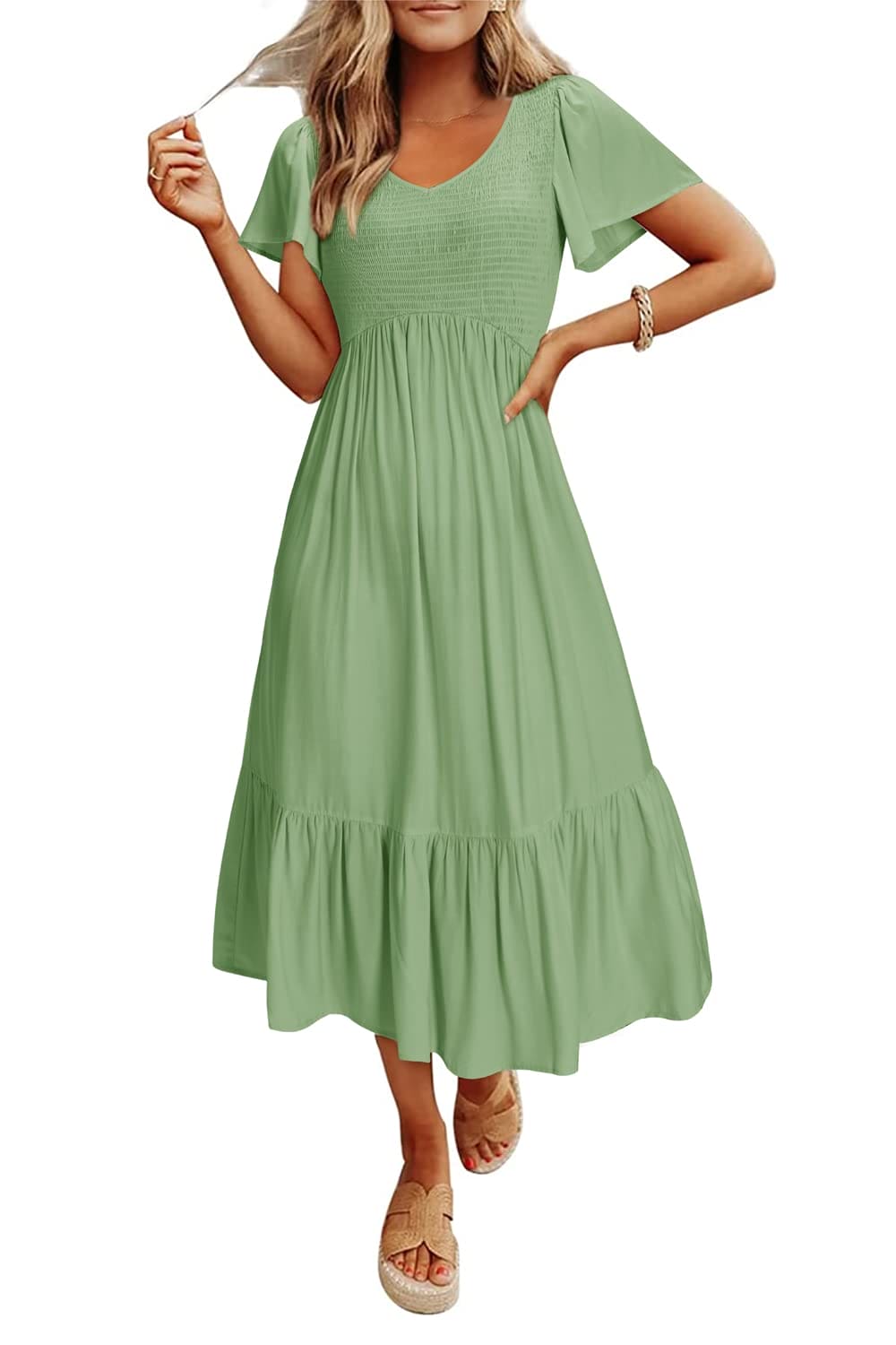 II ININ Summer Dresses for Women UK Short Sleeve Midi Dress V Neck A Line Smocked Long Casual Dress(Light Green,S)