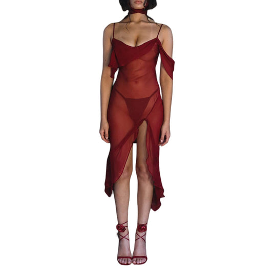 Women Sexy Sheer Mesh Midi Dress Sleeveless See Through Irregular Ruffle Split Dress Beach Swimwear Bikini Cover Up (Wine Red, M)